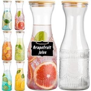 wookgreat Glass Carafe Pitchers with Lids, Set of 4 1 Liter Embossed Designed Beverage Pitcher Carafe Set for Mimosa Bar, Juice Container for Brunch, Cold Water, Juice -With 4 Wooden Chalkboard Tags