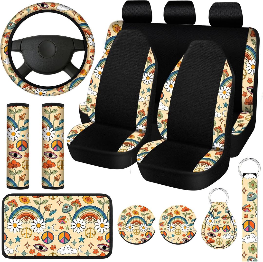 Riakrum 15 Pcs Boho Hippie car seat Covers Full SetDaisy Rear Front Seat Protector Steering Wheel Cover Seat Belt Cover Armrest Pad Cup Mat Keychain Wrist Strap,Cute Car Accessories for Women