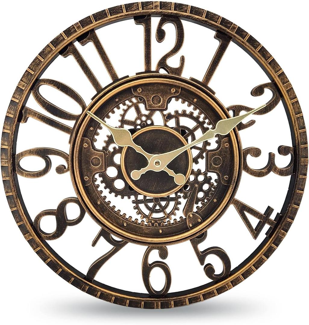 WrtmyR Outdoor Wall Clock Waterproof, 12 Inch Silent Non-Ticking Battery Operated Outside Clock, Decor Clock for Patio, Pool, Garden, Fence, Porch, Lanai, Farmhouse Decor (Dark Gold)