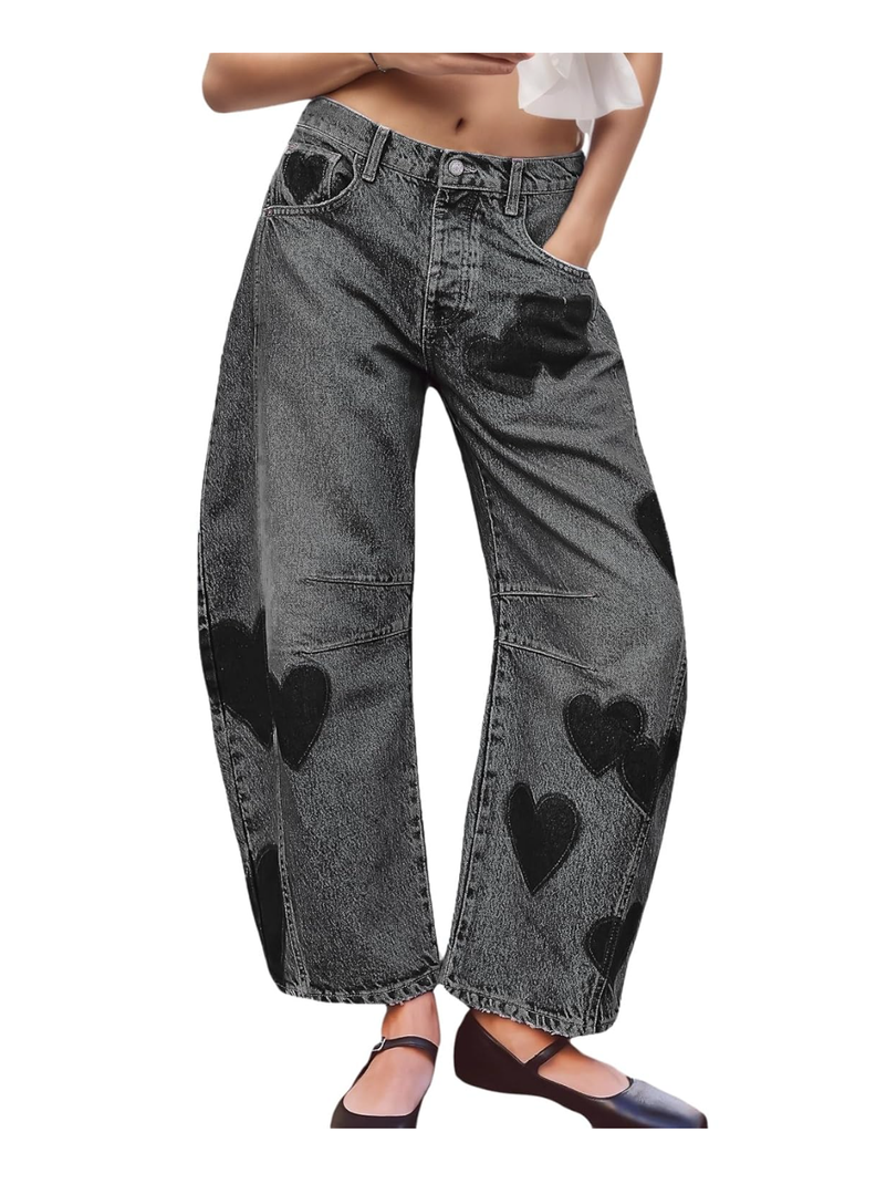 LifeShe Women's Wide Leg Baggy Jeans Low Waist Heart Barrel Loose Denim Pants, M