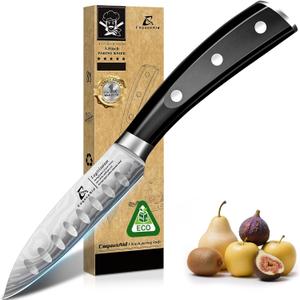 Paring Knife 3.75 Inch Fruit Knives, Small Kitchen Knife, Ultra Sharp German Stainless Steel Vegetable Knives, Damascus Pattern, Full Tang Handle Design, Elegant Black Ideal for Gift