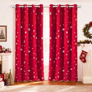 LORDTEX Snowflake Foil Print Christmas Curtains for Living Room and Bedroom - Thermal Insulated Blackout Curtains, Noise Reducing Window Drapes, 52 x 84 Inches Long, Red, Set of 2 Curtain Panels