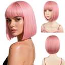 Light Pink Bob Wigs with Flat Bangs 12" Include Wig Cap Heat Resistant Synthetic Fiber Colorful Wigs Adjustable Size for All Women Halloween Costume Party