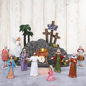Fovths 12 Pieces LED Easter Scene and Cross Decoration Easter Resin Tabletop Decorations Resurrection of Jesus Statue Jesus Nativity Scene Decorations for Christian Figurines Home Office Tabletop