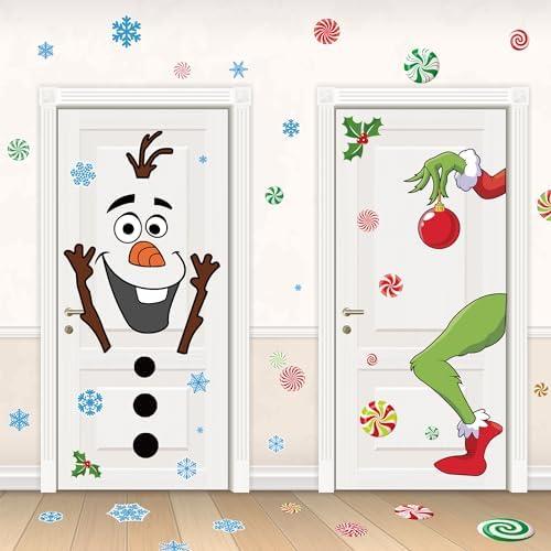 Pack Of 3 ROCWOHO Christmas Snowman Decals - Large Size Snowflakes & Candy Indoor/Outdoor Decorations for Winter Doors & Windows