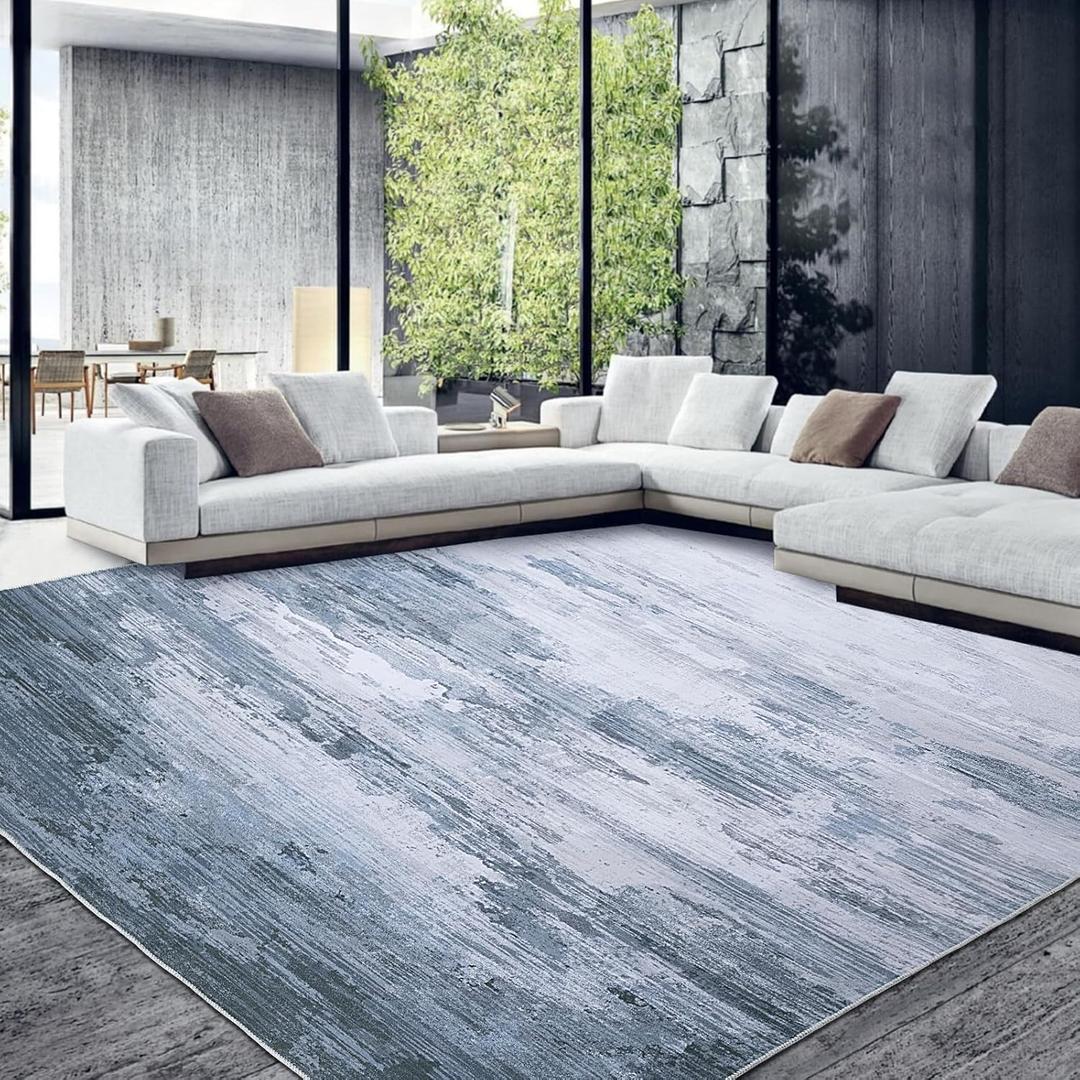 HOMBYS 9x12 Modern Area Rug for Living Room Bedroom, Large Boho Floor Carpet with Non-Slip Backing for Indoor Office Dining Room, Abstract Home Deco Non-Shedding, Blue, Machine Washable (9' x 12' (Rectangular))