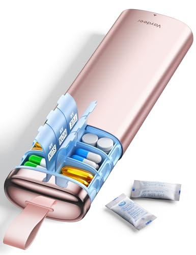 Vaydeer Metal AM/PM Pill Organizer with Built-in Desiccant Compartment, 7 Day Weekly Pill Box, Airtight Moisture-Resistant Seal, Travel Pill Case for Medication & Supplements (Rose Gold)