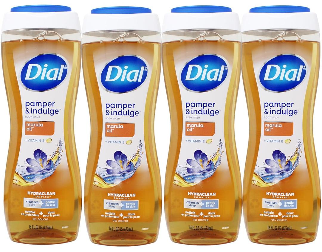 Dial Body Wash, Pamper & Indulge Marula Oil, 16 Fl Oz, (Pack of 4)