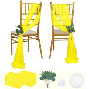 FUHSY Gold Chair Sashes Wedding Chair Cover 24 Pack 8FT Long Chiffon Chairs Bows Sashes Wedding Aisle Decor Chairs Cover for Wedding Bows for Church Pews Reception Banquet Event Aisle Decoration
