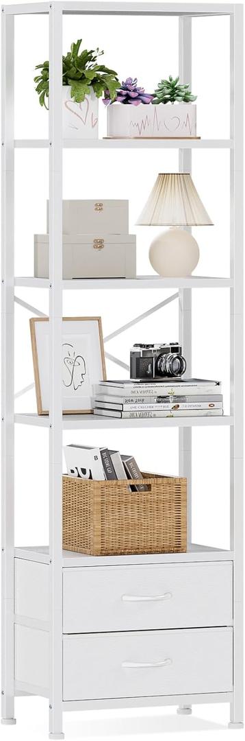Furnulem 5-Tier Corner Shelf, Narrow Bookshelf with 2 Storage Drawers, Tall Bookcase, Wood Display Standing Shelf Organizer Unit for Living Room, Bedroom, Metal Frame (White)