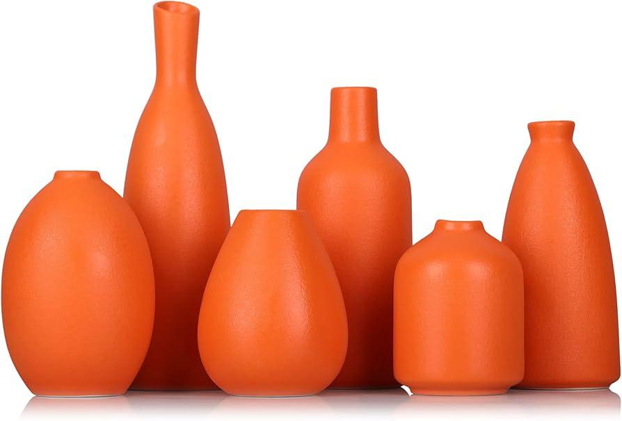 Matte Orange Ceramic Vase Set of 6 -Bud Vases in Bulk, Modern Minimalist Decor Flower Vases for Home Decor, Clay Vase, Farmhouse Vase Rustic Vase Boho Vase for Centerpiece Table Shelf Entryway Mantel