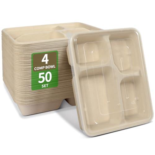 bloomoon 4 Compartment Paper Bowls with Lids, Food-Tray-Style 4 Compartment Catering Bowl with Lid, Disposable Lunch Tray for Catering Services at Party, Restaurant - 50 Bowls 50 Lids