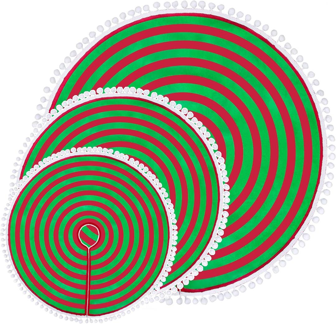 2 x Christmas Tree Skirt, Red and Green Annual Rings 24 Inch Tree Mat Skirt with Pom Pom Trim for Holiday Party Xmas Tree Decoration