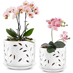 EFISPSS Orchid Pot with Holes, 5+6Inch Ceramic Plant Pots with Drainage Holes and Tray, Promoting Air Circulation and Drainage, Indoor/Outdoor White Flower Pots