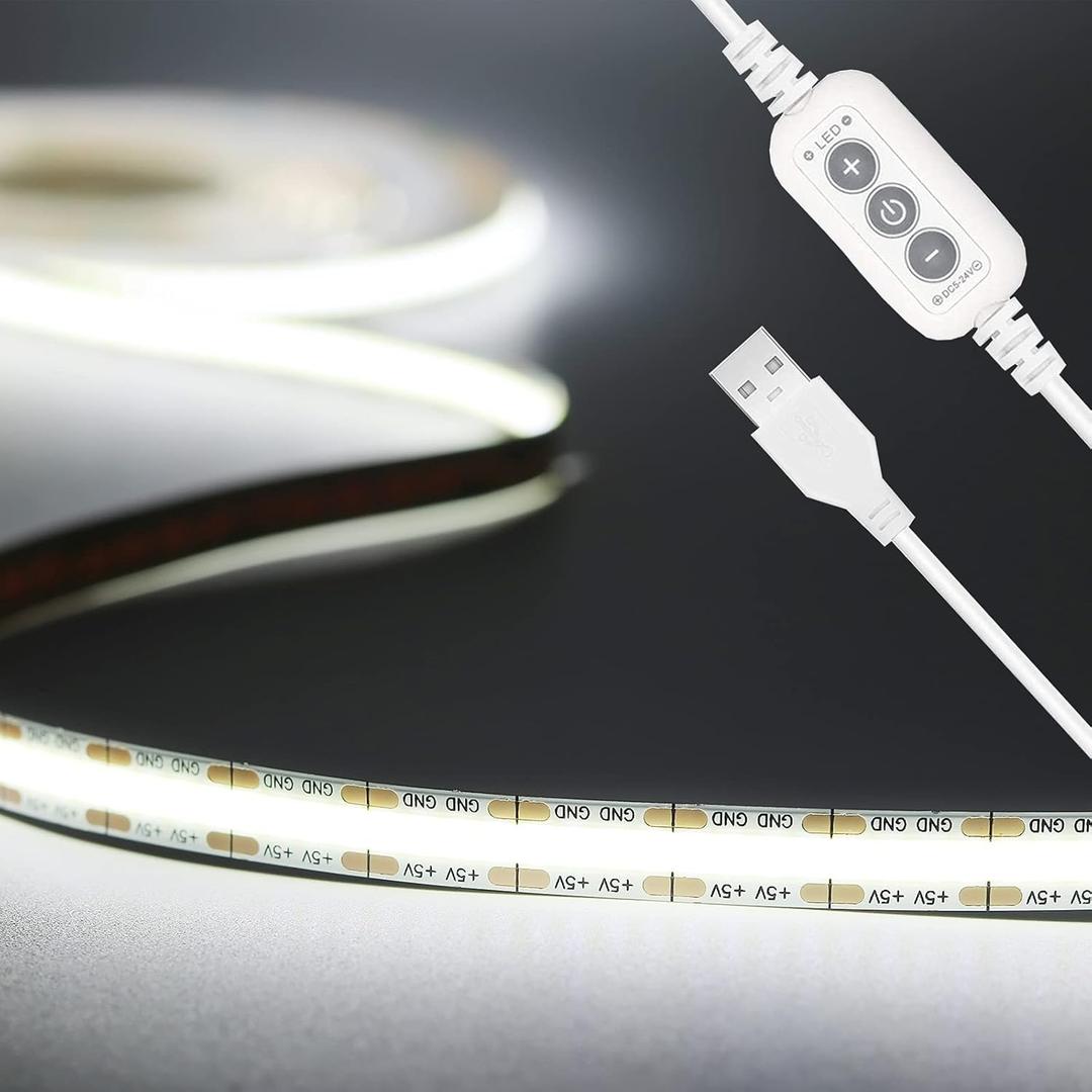 PAUTIX 5V USB LED Strip Light 6.56ft/2m, 640LEDs 1200lm Dimmable COB LED Strip 6000K Daylight White CRI90+ USB Powered Backlight for Sewing Machine,Mirror, Cabinet, Wardrobe, DIY Lighting Project
