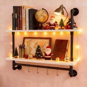 ROGMARS White Floating Wall Shelves Industrial Pipe Shelving 30 Inch Wood Bathroom Shelves with Towel Bar Over Toilet, Rustic Farmhouse Pipe Wall Shelves for Kitchen Living Room (30inch 2 Tier)