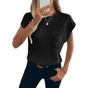 Womens Short Sleeve Sweaters Summer Cap Sleeve Tops Casual Crewneck Oversized Lightweight Knit Sweater Vest (Black, XXL)