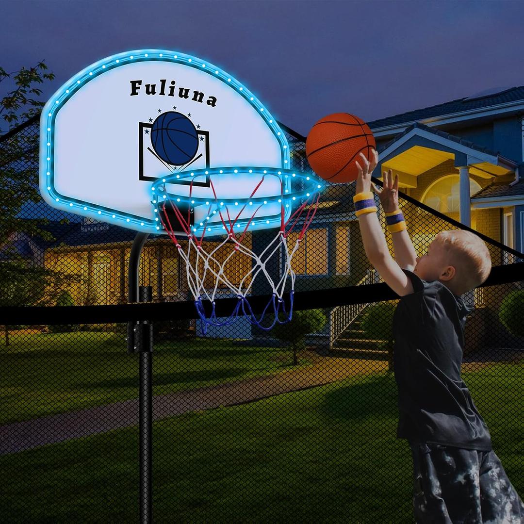 Solar Power Trampoline Basketball Hoop with Led Lights, Easy to Install Basketball Hoop Fit for 25mm Straight Pole & Curved Pole Outdoor Trampoline, Trampoline Basketball with Ball & Pump (2"D x 24.5"W x 16.1"H)