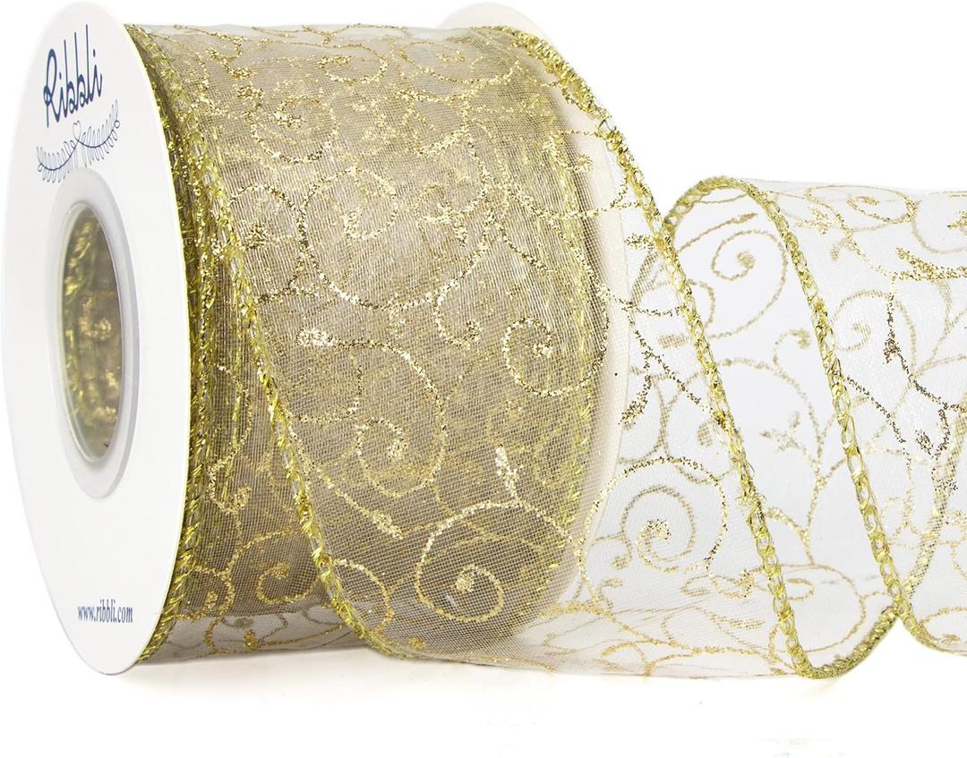 Ribbli Swirl Glitter Wired Ribbon Ivory Organza Sheer with Gold Glitter Swirl Pattern and Gold Metallic Edge,2-1/2Inch x 10Yards Christmas Ribbon for Tree Decoration
