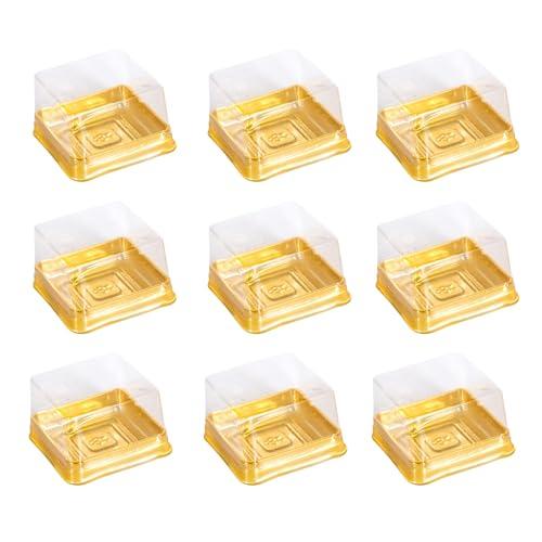 Fevoila 50 Pcs 2.28" Plastic Single Individual Cupcake Container Mooncake Muffin Dome Holders Cases Boxes Container Cupcake Boxes for Wedding Birthday Party (Square,Gold)