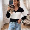 3 x Dokotoo Womens Long Sleeve Tops V Neck Color Block Pullover Casual Sweater (Black, XL)