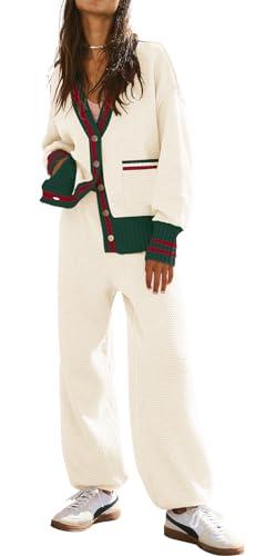 Women's 2 Piece Outfit Lounge Set Trendy Cardigan Sweater Pants Sets V Neck Button Pocket Knit Matching Loungewear (Contrast White, M)