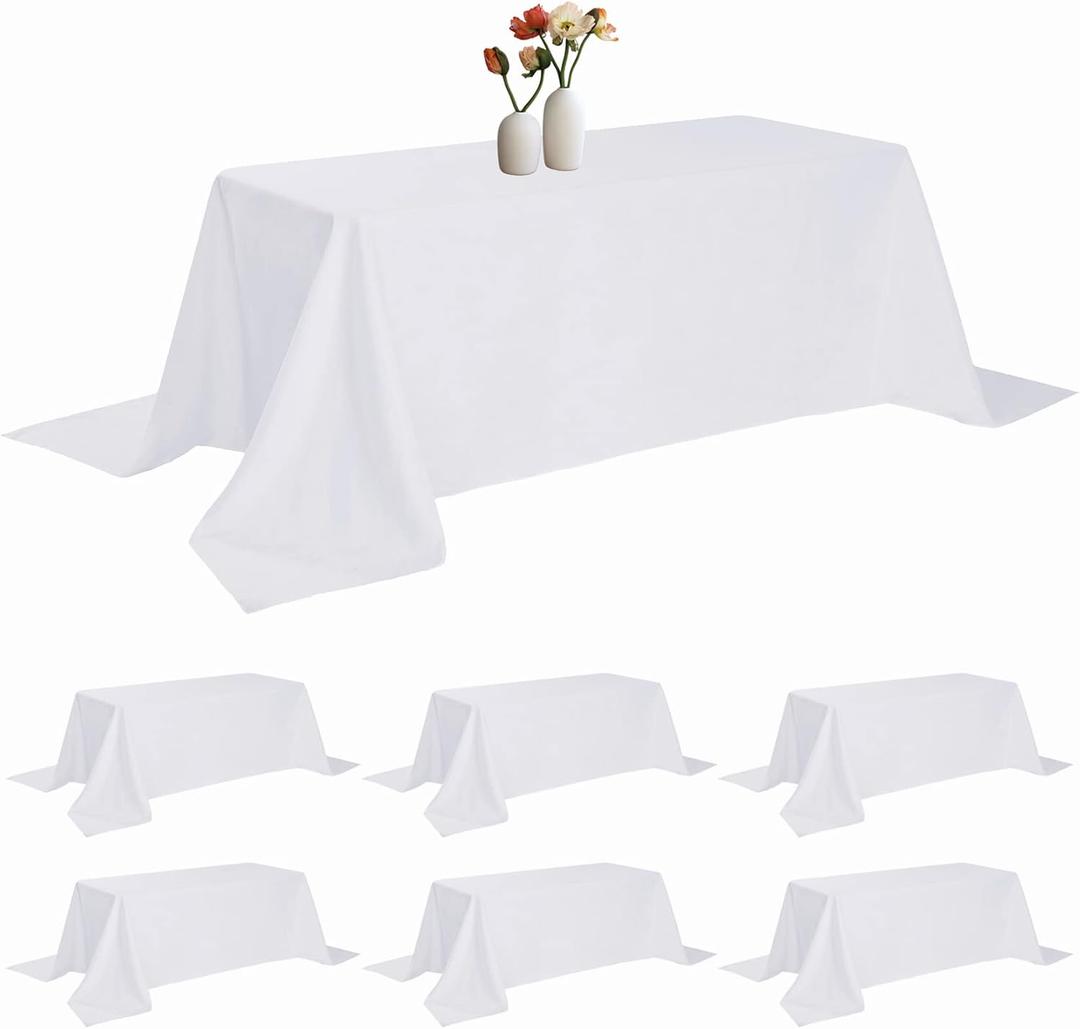 6 Pack Rectangle Tablecloth 90 x 132 Inches White Table Cloth Stain and Wrinkle Resistant Washable Polyester Fabric Table Cover for Party, Wedding and Banquet Decoration