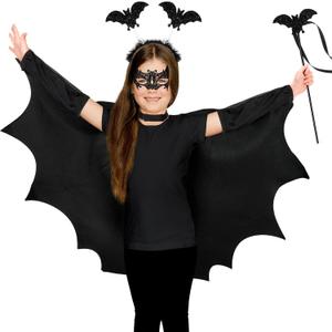 Toulite 4 Pcs Halloween Bat Costume for Kids Includes Black Cape Lace Bat Eye Mask Bat Headband Bat Wand Unisex Halloween Bat Costume Accessories for Kids Toddlers Cosplay Party Supplies