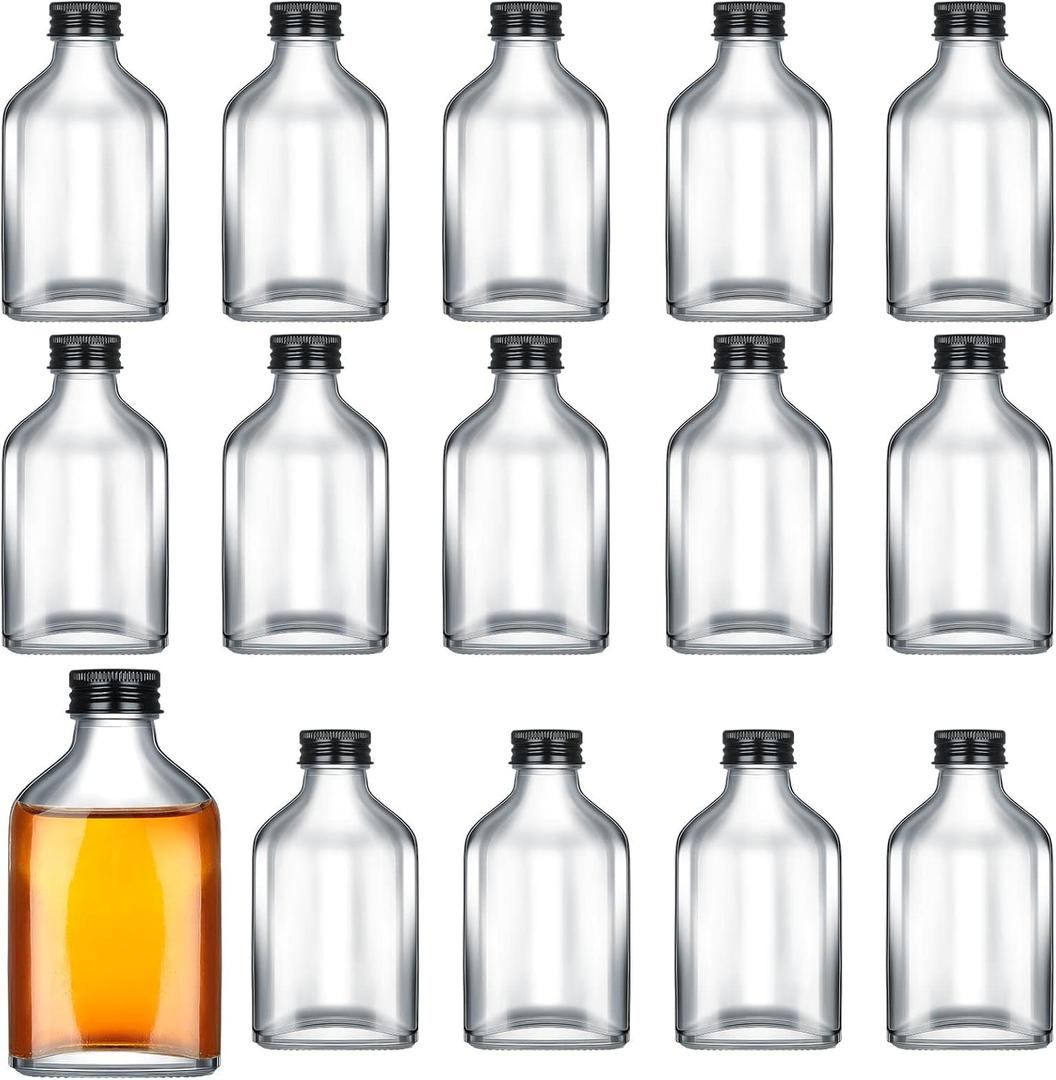 Patelai 16 Pcs Clear Glass Bottles with Caps Mini Glass Flask Liquor Bottles Empty Alcohol Shot Bottling Small Champagne Container DIY Gift for Wine Beverages Liquor Drinks Oil Beer (100 ml/ 3.4oz)