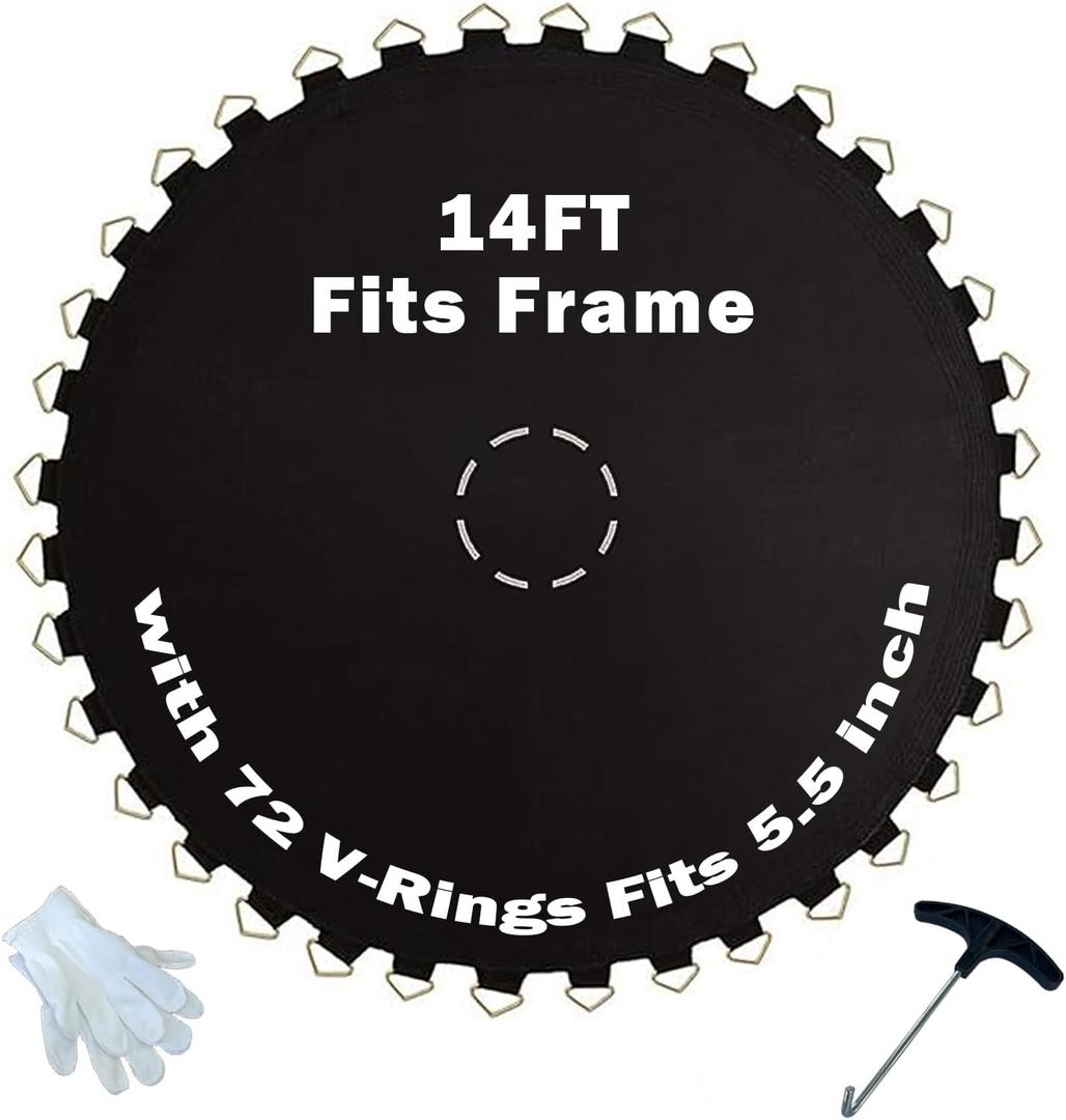 Trampoline Mat, Fits 14 FT Frame, with 72 V-Rings Fits 5.5 inch, Replacement Jumping Mat, Reinforce, UV-Resistant, with Spring Hook and Gloves, Not Include Spring