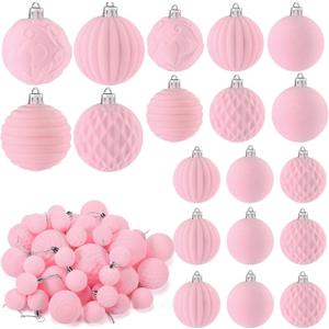 Hungdao 38 Pcs Velvet Christmas Ball Ornaments Sets Pink Flocked Christmas Tree Decorations with 5 Styles in 3 Sizes Shatterproof Hanging Xmas Ball Tree Ornaments for Xmas Holiday Decor