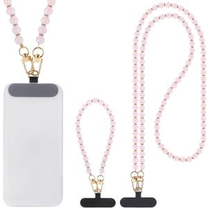 Weewooday 2 Pack Pink Gemstone Beaded Phone Lanyard Crossbody Wrist Bracelet Strap with Tether Tab for Women Most Phone