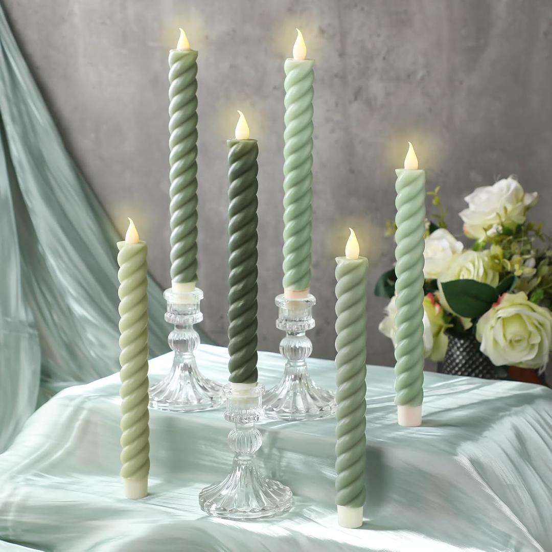 Baquler 6 Pcs Sage Green Flameless Taper Candle Twisted LED 9.65 Inch Taper Candles Battery Operated Twisted Candlesticks for Summer Wedding Birthday Home Party Holiday Dinner Fireplace Decor