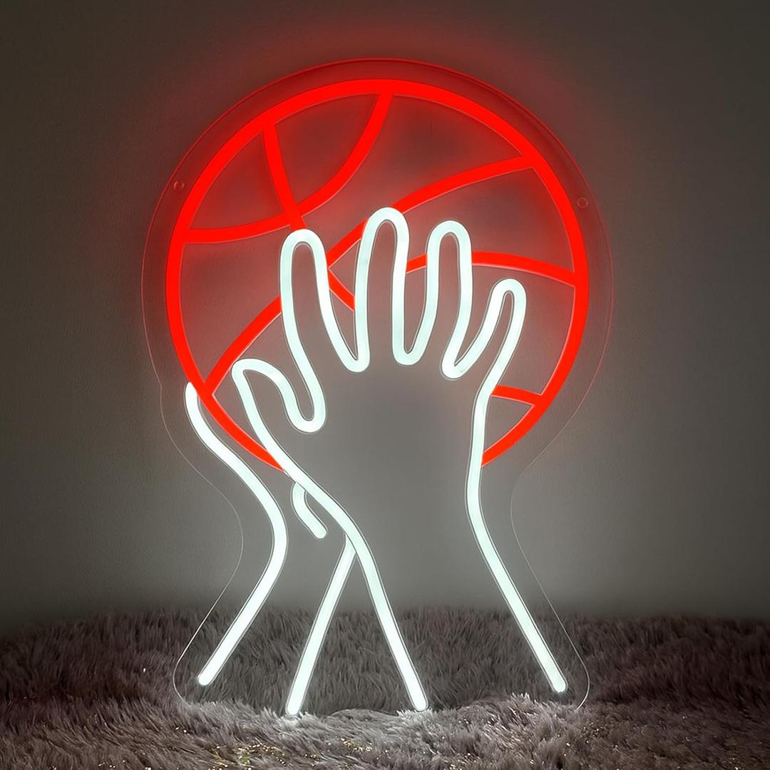 Neon Sign for Wall Decor, Basketball Neon Lights for Bedroom, Game Room, Man Cave, Sports Bar, Teen Room, Boys Room, Girls Room, LED Neon Sign, Hands Holding Basketball Neon Wall Light, Cool Basketball Room Decor, USB Powered LED Wall Sign, 14.6" x 10.2" (Red+White)