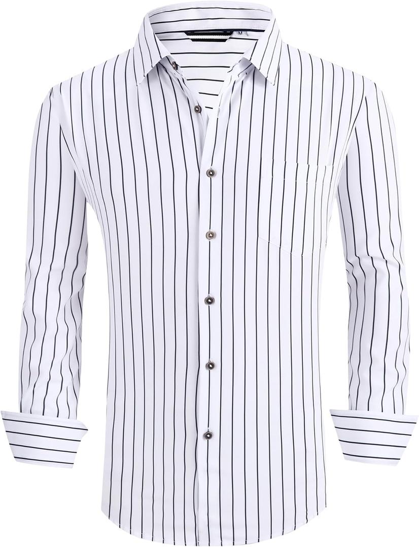 Alex Vando Mens Button Down Shirts Wrinkle Free 4-Way Stretch Print Business Casual Shirt, Size XL (White Stripe)