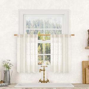 LAMIT Cream Linen Kitchen Curtains 30 Inch Length, Semi Sheer Light Filtering Window Panels Back Tab and Rod Pocket Drapes for Basement/Small Windows, 25 x 30 Inch, 2 Panels