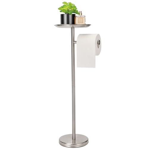 Standing Toilet Paper Holder, TP Holder with Practical Tray On Top for Phone, No Drill No Damage to Wall, Stainless Steel (Brushed Nickel)