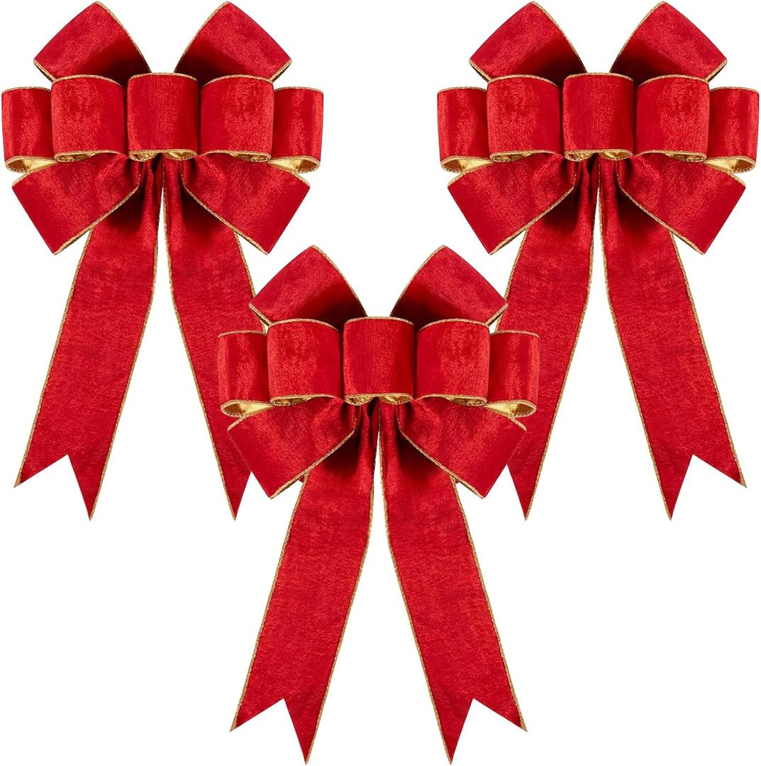 3 Pack Large Christmas Red Bows for Christmas Tree with Gold Border & Back, 12" x 14" Velvet Bows for Tree Topper,Wreaths,Indoor,Outdoor,Fireplace,Stairs,Railing,Porch,Xmas Decoration