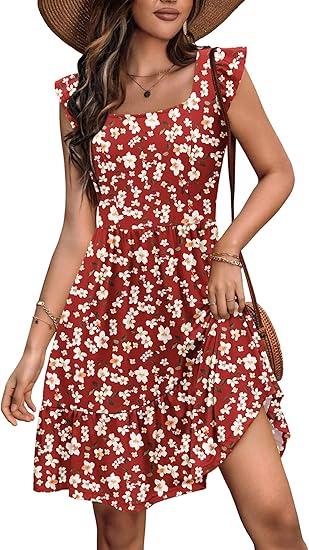 Zeagoo Womens Summer Dress Casual Ruffle Tiered Floral Square Neck Sundresses Beach Boho Mini A-line Dress 2025 with Pockets, Size XL