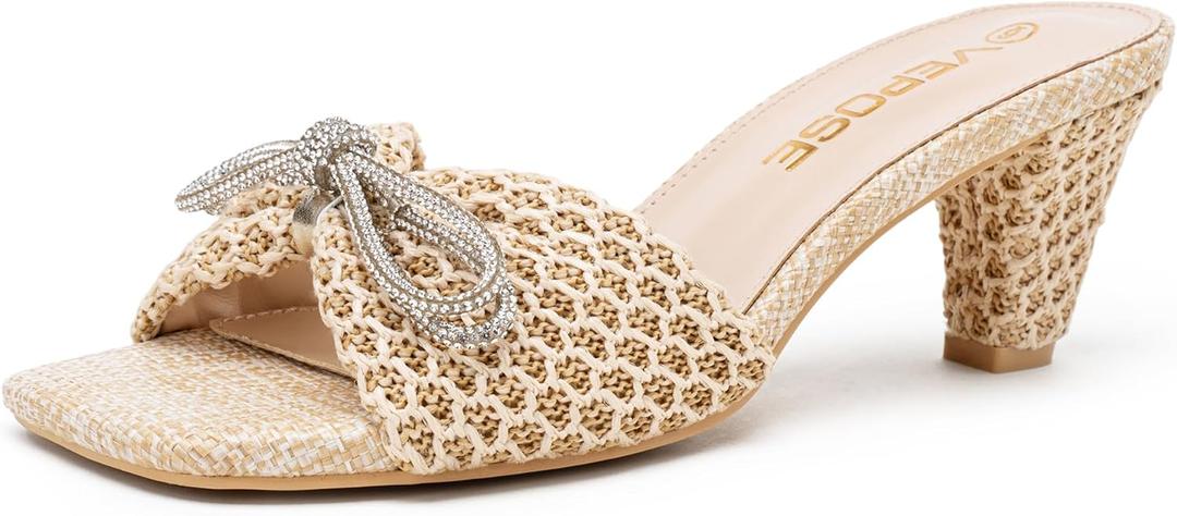 Vepose Women's Woven Mule Heels Square Open Toe Sandals | Dressy summer sandals with 2.8 in flared block heel, slip-on fit, rubber sole, office, vacation, and weekend