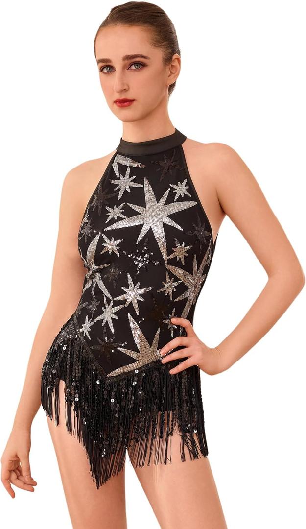 ODIZLI Women Star Sequins Fringe Tassel Cami Leotard One Piece Bodysuit Latin Jazz Dance Acrobat Rave Costume (Small, Black)