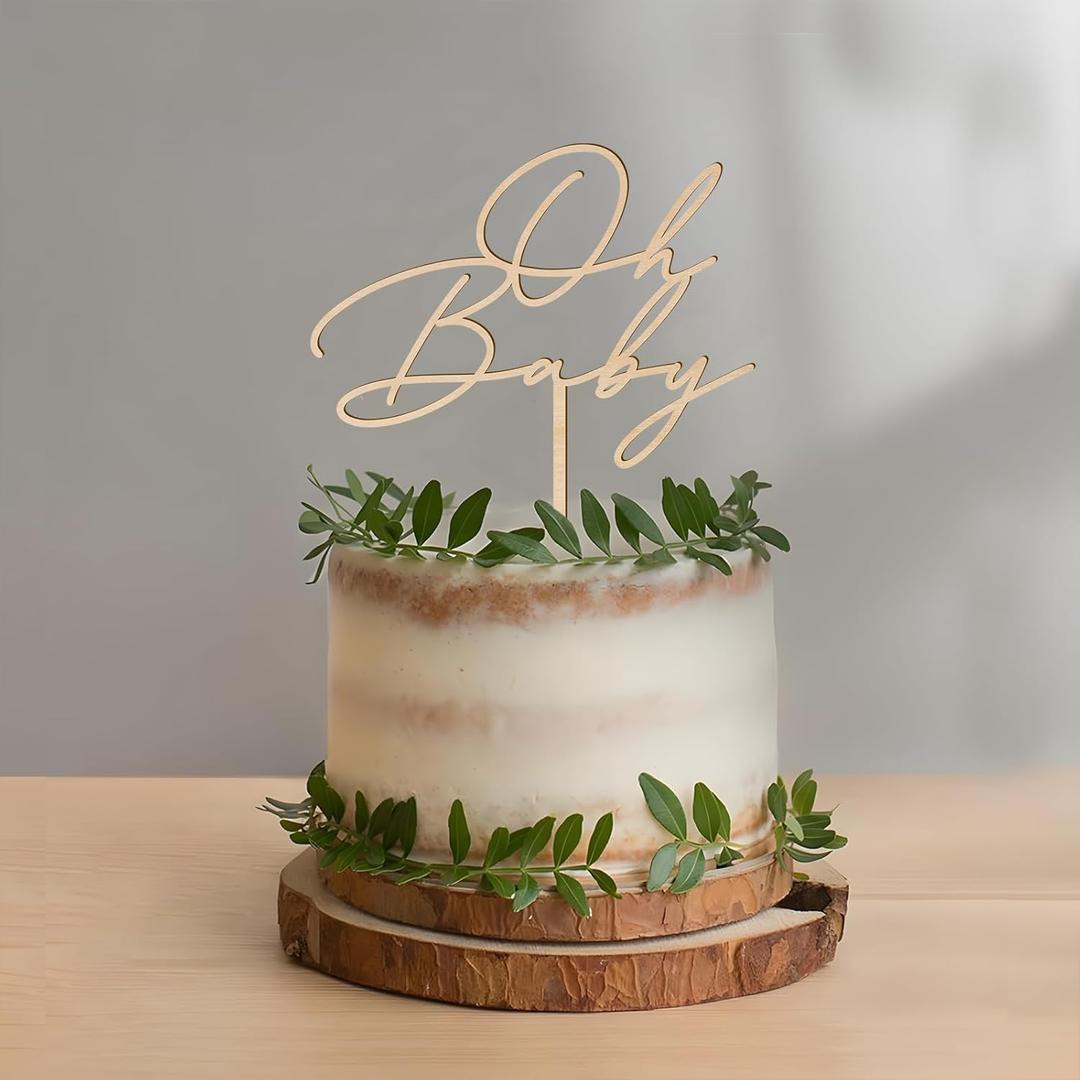 Oh Baby Cake Topper in Wood Baby Shower Gender Reveal Party Cake Decoration (Design 03)