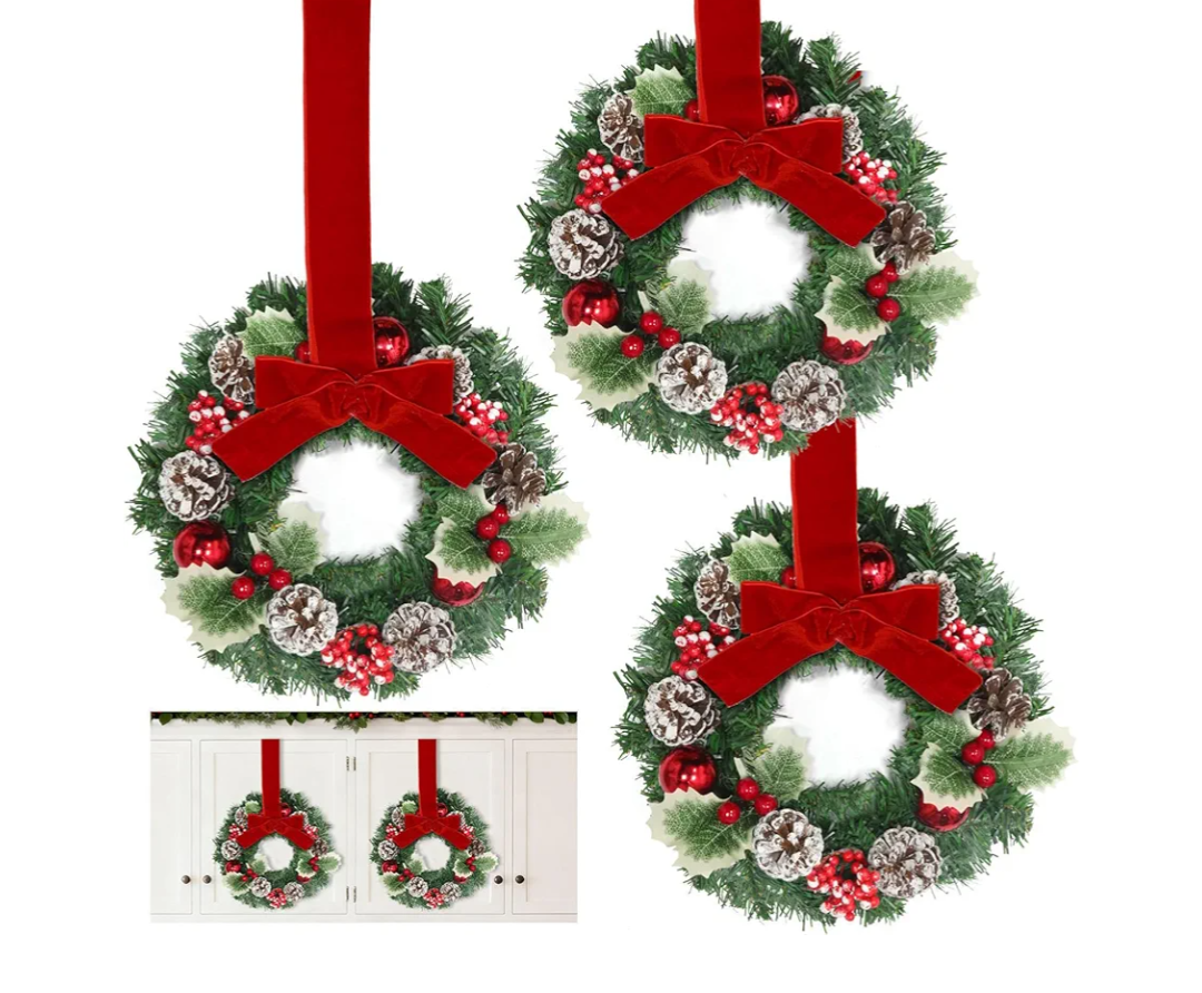 3 Pcs 12 Inch Small Christmas Wreath Mini Christmas Door Wreath with Ball Frosted Pinecone Berried Holly Christmas Decorations for Indoor Window Wall Stairs Room Home Office Decor Kitchen