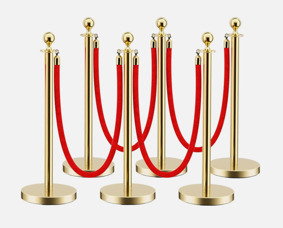 LOVMOR 3PCS Gold Stanchion Posts Queue, 38 Inch Red Velvet Rope, 5 FT Red Carpet Ropes and Poles, Crowd Control Barriers Queue Line Rope, Barriers for Party Supplies