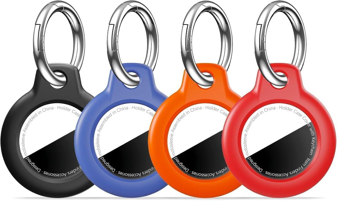 MOLOSLEEVE [4 Pack Case for AirTag 2nd Gen (2026) & 1st Gen, Holder Anti-Scratch Protective Cover for Air Tags, Men's Women's Keyrings & Keychains for Keys, Luggage, Black/Blue/Orange/Red