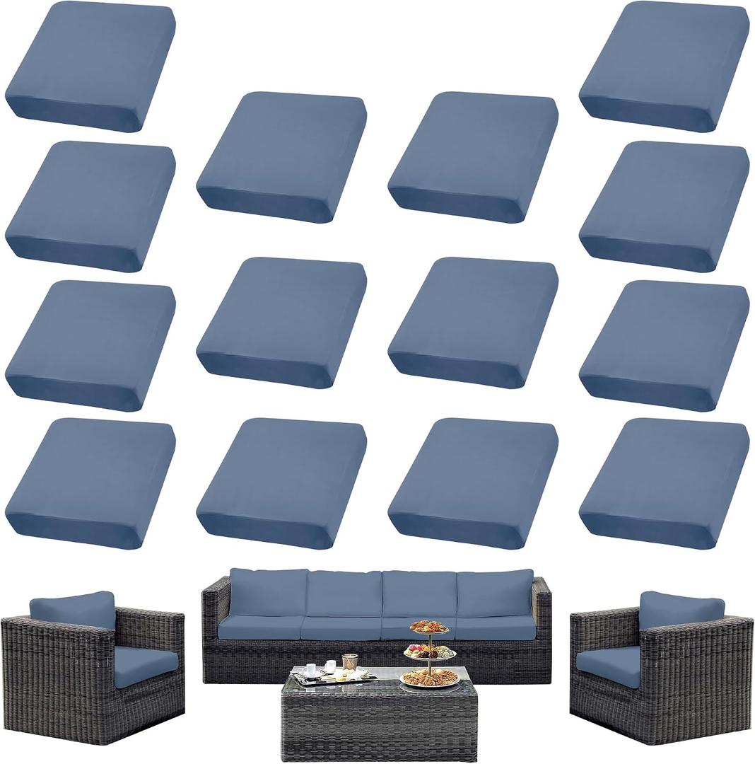 14Pcs Outdoor Cushion Covers, Patio Cushion Covers,Stretch Elastic Slipcovers, Replacement Washable & Reusable Furniture Protector for Patio Couch (Gray-Blue,Cover Only)