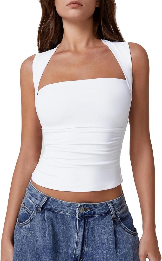 QINSEN Womens Square Neck Tank Tops Side Ruched Double Lined Slim Fit Summer Going Out Crop Top (X-Small, White)