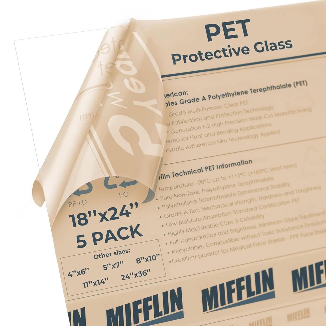 Mifflin-USA Flexible Clear Plastic Sheet (18x24 x 0.03 inch, 5 PK), PET is Similar to Plexiglass & Acrylic Yet Lightweight & Thin, Poster Frame Glass Replacement, General Household Use, Easy Cut