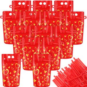 60 Sets Valentine's Day Drink Pouches with Straws 16 oz Heart Drink Pouches for Adults Alcohol Reusable Smoothie Juice Bags Reclosable Alcohol Bags for Valentines Wedding Birthday(Red)