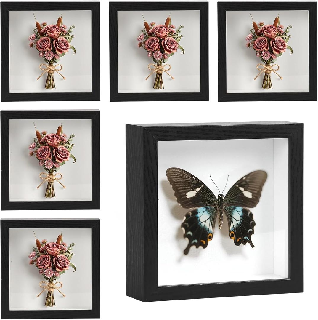 6 Pcs Shadow Box Frame - 5x5 Square Frame Display Case for Sports Memorabilia & Wedding Keepsakes - Wall Mountable Display Box for Medals, Photos, Dried Flowers (Black)